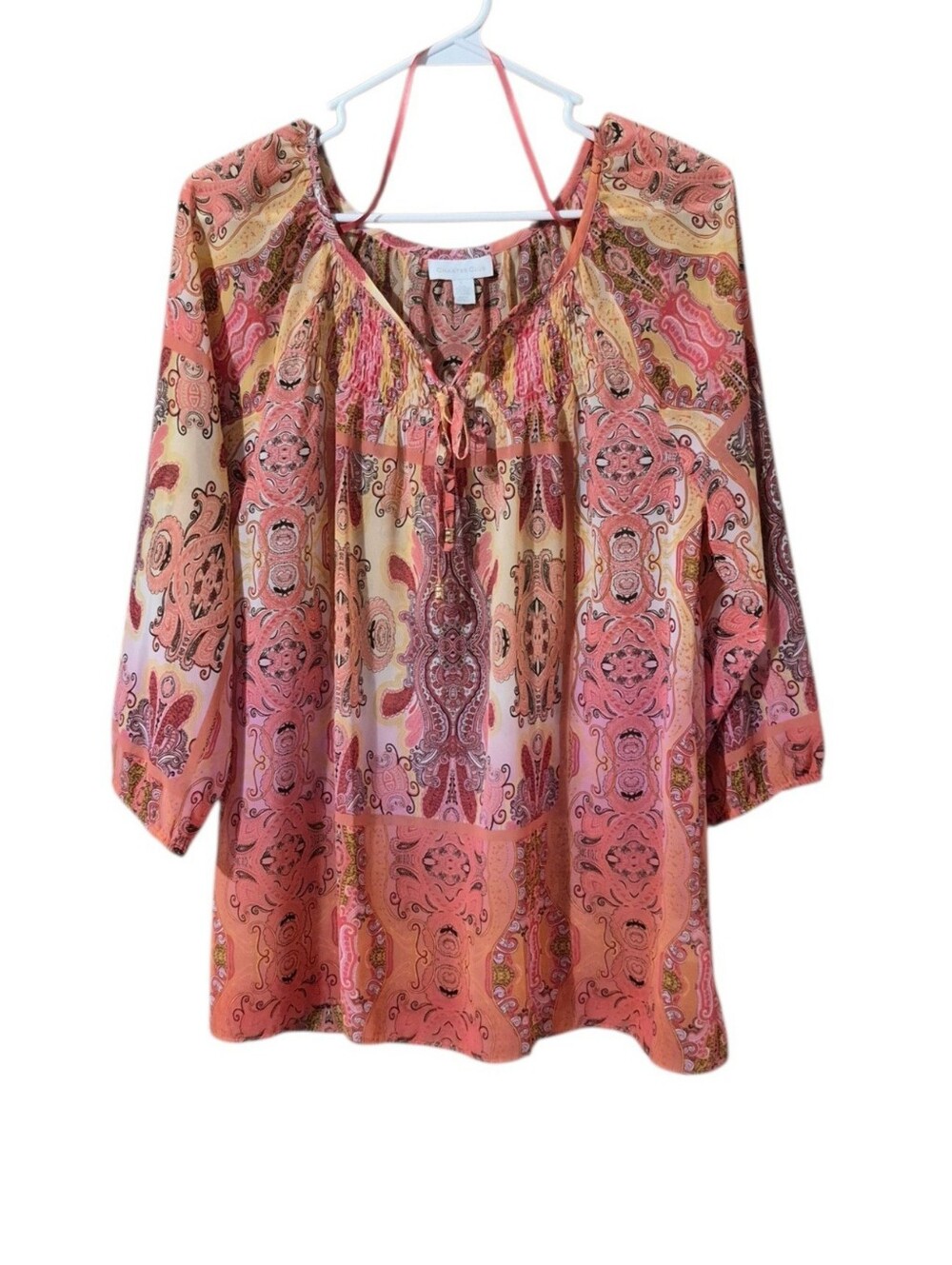 Charter Club Peach Print Smocked Paisley Peasant Blouse Sz Lg Bohemian EUC